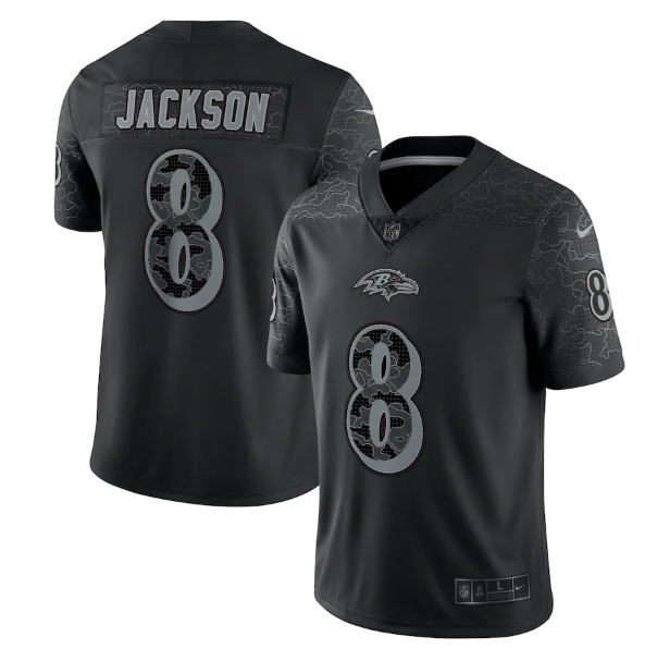 Men's Baltimore Ravens #8 Lamar Jackson Black Reflective Limited Stitched Football Jersey